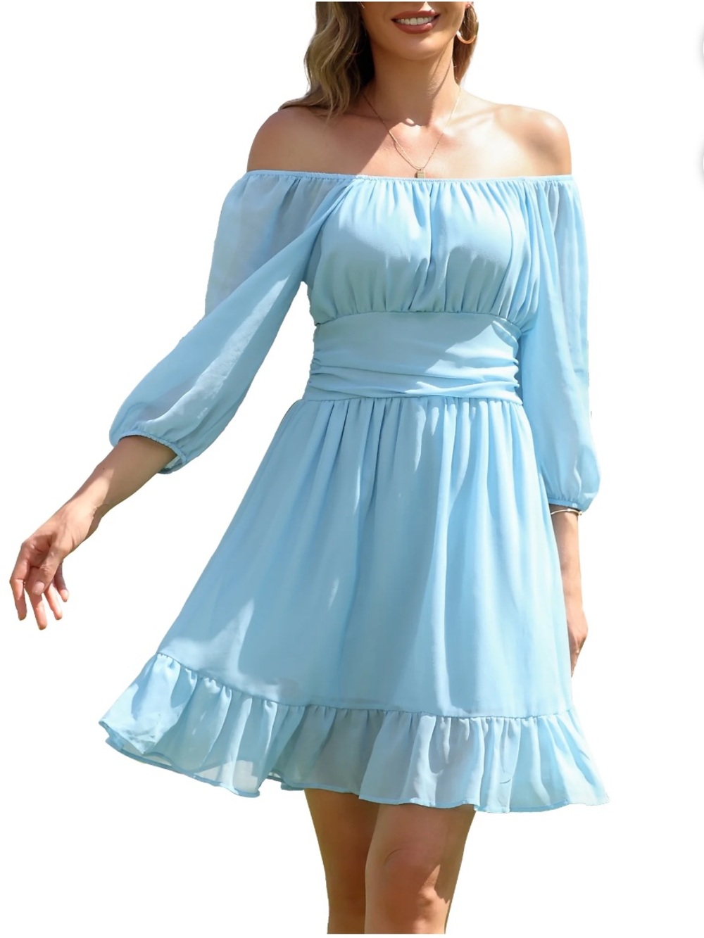 Amazon Light Blue Off-Shoulder Ruffle Mini Dress